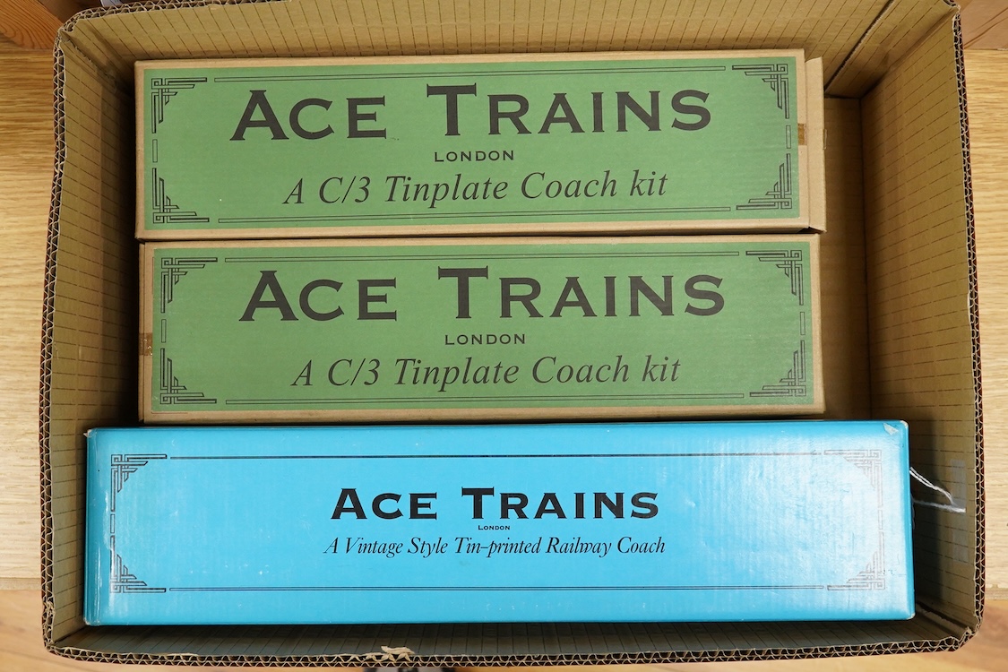 Four ACE Trains 0 gauge tinplate coaches; a boxed C/1 HRCA Brake Second, two boxed C/3 coach kits - a 3/3rd and a 3rd Brk., together with an unboxed LMS First Third composite